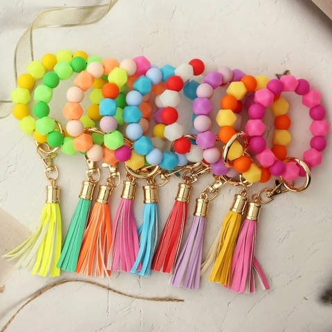 Luminous Silicone Beaded Wristlet Keychain Halloween Night Light Bracelet Key Ring with PU Tassel Gold Clasp for Women