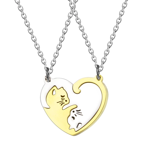 Heart Shaped Cat Puzzle Necklace And Keychain Stainless Steel Yin Yang Matching Jewelry For Couples Friends Unique Gift