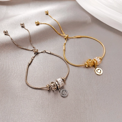 Women Elegant Copper Zircon Heart Charm Bracelet Adjustable Sliding Knot Snake Bone Chain Fashion Jewelry Gift