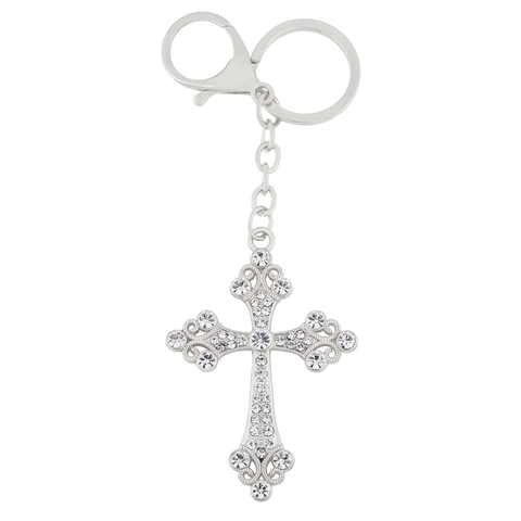 Cross Keychain Metal Rhinestone Hollow Out Bag Pendant Charm Car Accessory Religious Gift