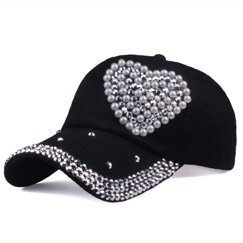 Baseball Cap Damen Baumwolle Denim Herz Künstliche Perle Strass Verstellbar Sonnenschutz Sommer Outdoor Mode Hut