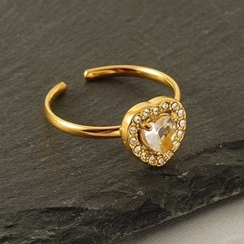 Elegante Hartvormige Ring Voor Dames 18K Verguld Roestvrij Staal Met Zirkoon Ingelegd Verstelbare Open Vinger Sieraden Mode Cadeau