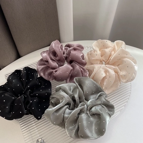 French Vintage Satin Scrunchies With Rhinestones Shiny Satin Elastic Hair Ties Korean Style Hair Accessories For Women