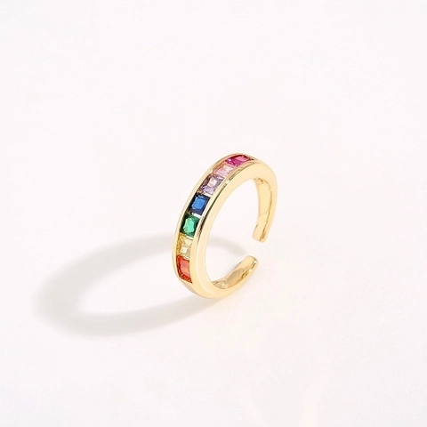 Anillo De Cobre Y Circonita De Arcoiris Para Mujer Joyas Geométricas Coloridas Ajustables Abiertas Chapadas En Oro Moda