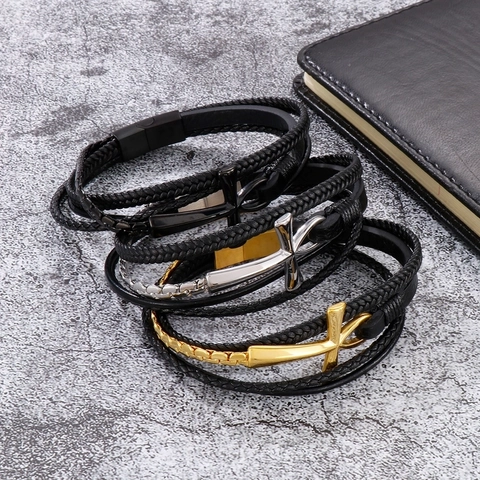 Herren Mehrlagiges Geflochtenes Lederarmband Mit Edelstahl Ankh Kreuz Magnetverschluss Vintage Ägyptischer Schmuck