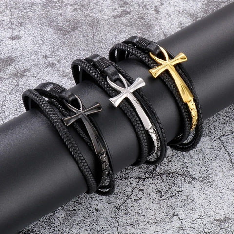 Men Multi-Layer Braided Leather Bracelet Stainless Steel Egyptian Ankh Cross Vintage Jewelry With Magnetic Clasp
