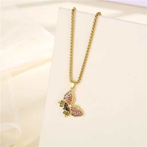 Butterfly Pendant Necklace Stainless Steel Colorful Cubic Zirconia Micro Inlaid Box Chain Fashion Jewelry For Women