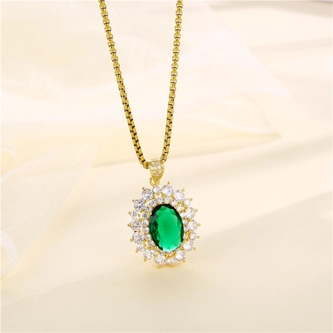 Collana Con Pendente In Zircone Verde Ovale Acciaio Inossidabile Geometrico Strass Gioielli Eleganti Per Donna