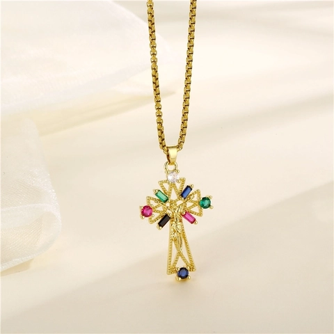 Roestvrijstalen Kruis Hanger Ketting Met Gekleurde Zirkonia Micro Ingelegd Jezus Crucifix Hip Hop Sieraden