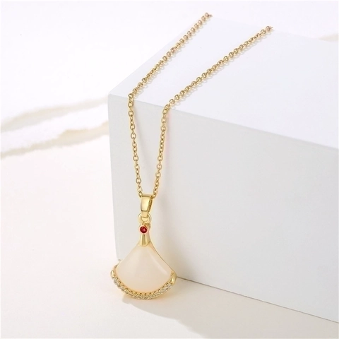 Collana Con Pendente A Forma Di Ventaglio Acciaio Inossidabile E Rame Con Zircone Conchiglia Bianca Gioielli Eleganti Oro