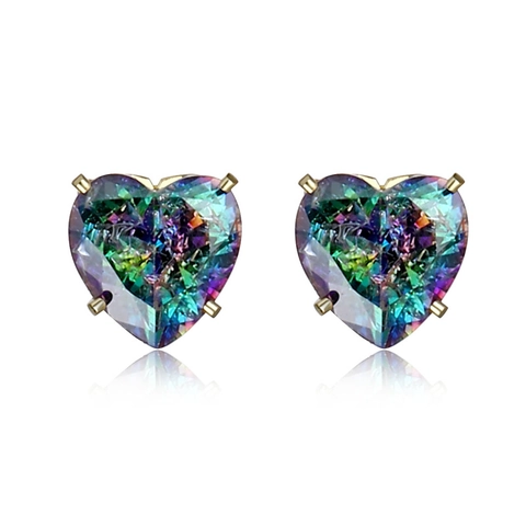Aurora Rainbow Zircon Stud Earrings Geometric Heart Square Copper Gold Plated With Silver Earring Post For Women