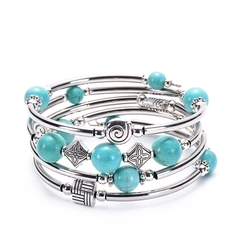 Bohemian Multi Layer Wrap Bracelet Natural Stone Turquoise Lava Stone Agate Beads Vintage Silver Color Coil Jewelry For Women