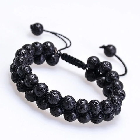 Double Row Lava Stone Bracelet Natural Stone Adjustable Woven Rope Chakra Essential Oil Diffuser Jewelry