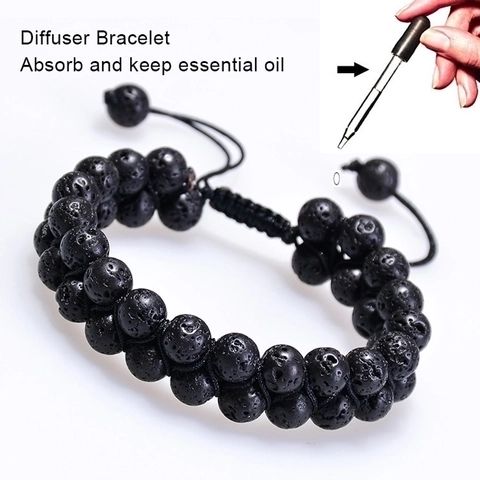 Double Row Lava Stone Bracelet Natural Stone Adjustable Woven Rope Chakra Essential Oil Diffuser Jewelry