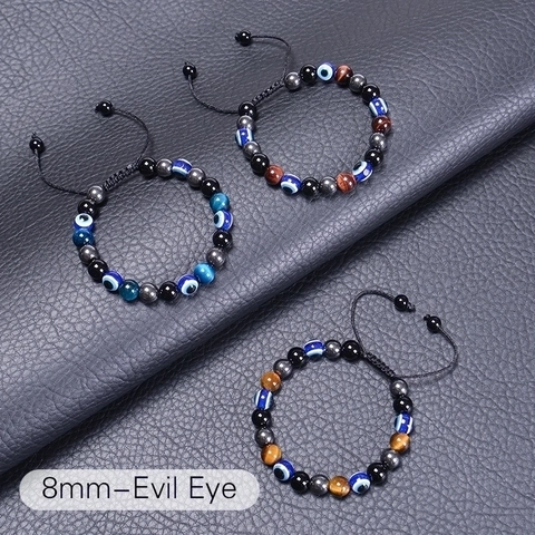 Triple Protection Bracelet Tiger Eye Stone Obsidian Hematite Evil Eye Handmade Braided Adjustable Unisex