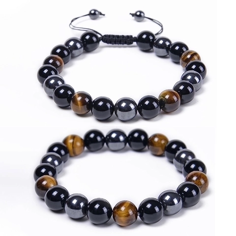 Beaded Bracelet Tiger Eye Stone Hematite Obsidian Triple Protection Adjustable Woven Rope Men Fashion Energy Jewelry