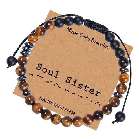 Soul Sister Morse Code Bracelet Natural Tiger Eye Stone Matte Beads Handmade Adjustable Braided Cord Jewelry Gift