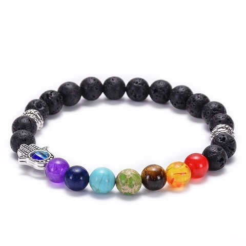 Zeven Chakra Energie Armband Lavasteen Matte Agaat Kralen Hamsa Hand Boze Oog Bedel Yoga Sieraden Heren Dames