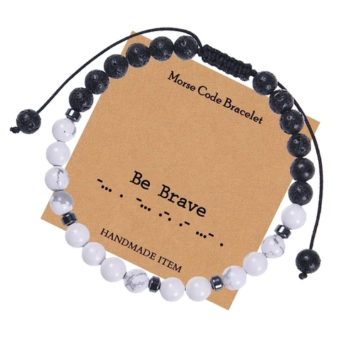 Morsezeichen Armband Natur Lavastein Weißer Howlith Perlen Verstellbares Gewebtes Seil Inspirierender Schmuck Unisex