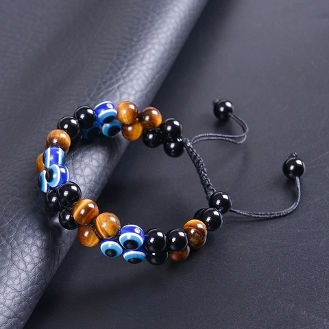 Evil Eye Tiger Eye Layered Beaded Bracelet Handmade Braided Adjustable Natural Stone Jewelry For Men
