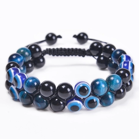 Evil Eye Tiger Eye Bracelet Double Layer Woven Adjustable Handmade Lucky Stone Jewelry For Men Women
