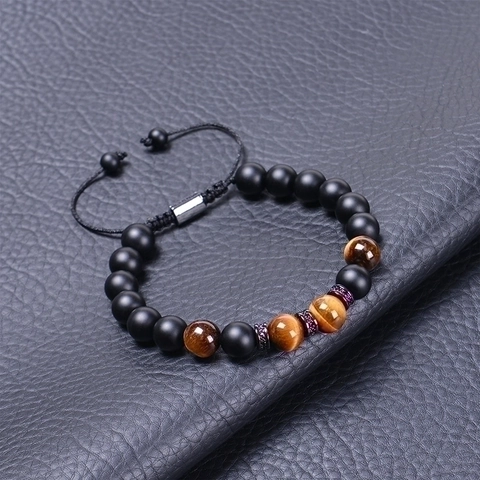 Natuurlijke Tijgeroog En Lavasteen Kralen Armband Verstelbaar Gevlochten Touw Koperen Zirkoon Accent Cadeaukaart Voor Mannen