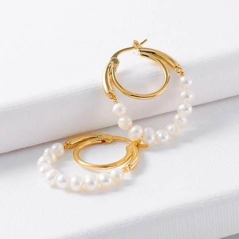 Orecchini a Cerchio con Perla Naturale Francese per Donna Boho Retro Ottone Placcato Oro Orecchini a Cerchio Gioielli
