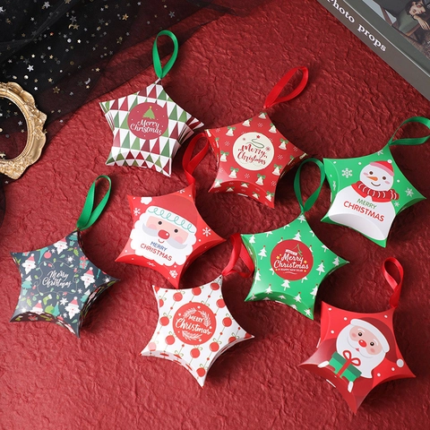 Weihnachts-Sternförmige Geschenkschachtel Karton Süßigkeitenverpackung Mit Bandgriff Hängende Feiertagsdekoration Weihnachtsmann Druck