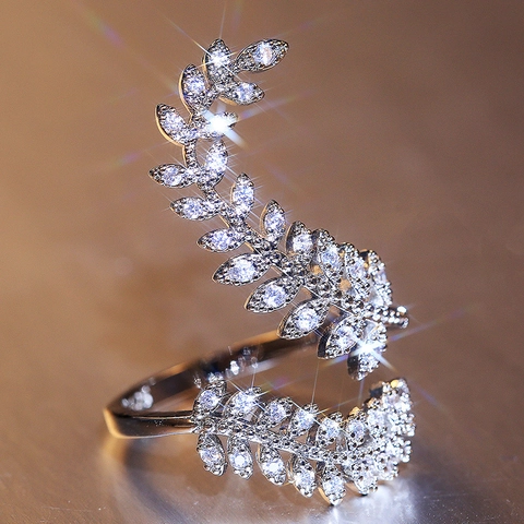 Elegant Leaf Shape Copper Ring With Cubic Zirconia Adjustable Open Wrap Finger Jewelry For Women Creative Gift
