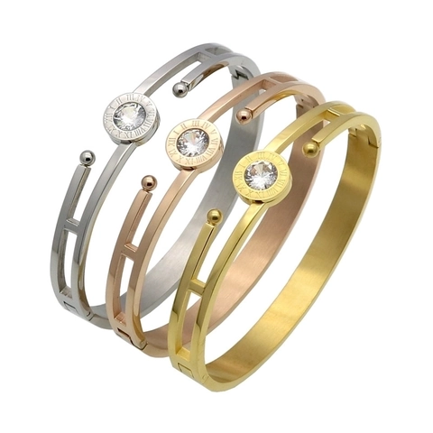 Roman Numeral Hollow Bangle Stainless Steel Cubic Zirconia Inlay Elegant Fashion Cuff Jewelry Women