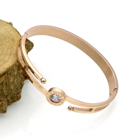 Roman Numeral Hollow Bangle Stainless Steel Cubic Zirconia Inlay Elegant Fashion Cuff Jewelry Women