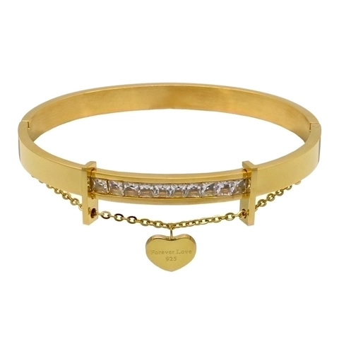 Stainless Steel Bangle Bracelet Heart Pendant Pave Square Zircon Hinge Closure Forever Love Jewelry For Women