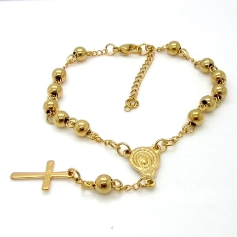 Stainless Steel Rosary Bracelet Religious Cross Virgin Mary Medal Polished Bead Chain Adjustable Jewelry For Women