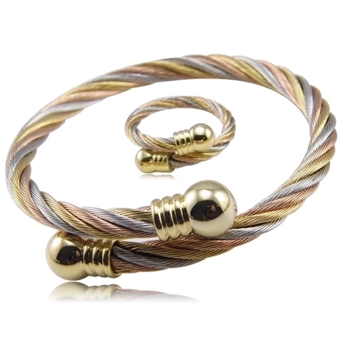 Twisted Cable Cuff Armband Und Ring Dreifarbig Edelstahl Verstellbarer Offener Armreif Polierte Kugelenden Schmuck