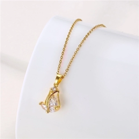 Tulip Flower Pendant Necklace Stainless Steel 18K Gold Plated Sparkling Cubic Zirconia Elegant Jewelry For Women