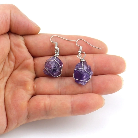 Handmade Natural Raw Stone Wire Wrapped Drop Earrings Crystal Agate Bohemian Vintage Jewelry For Women