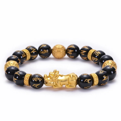 Feng Shui PiXiu Armband Natürliche Schwarze Achat Obsidian Perlen Sechs Silben Mantra Vergoldet Glücksbringer