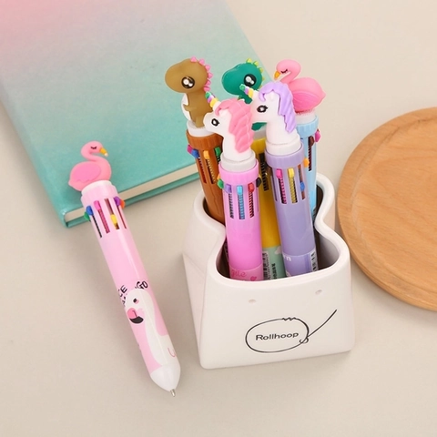 Multicolor Ballpoint Pen Retractable Cartoon Dinosaur Unicorn Flamingo Silicone Head School Office Stationery Students