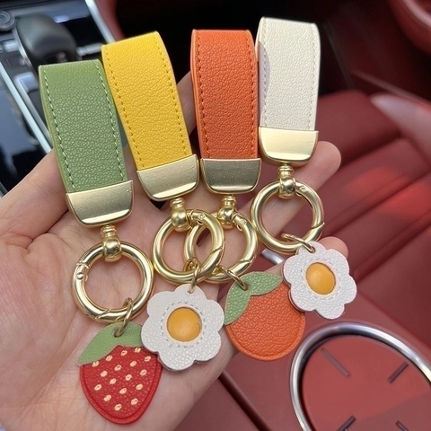 Leder Auto Schlüsselanhänger Litschi Narben Rindsleder Riemen Mit Frucht Blume Anhänger Erdbeere Sonnenblume Orange
