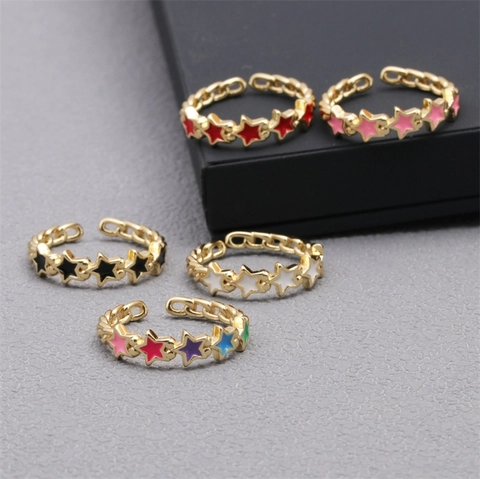 Offener Ring Mit Fünfzackigem Stern Kupfer 18K Vergoldet Bunte Emaille Verstellbares Band Modeschmuck Für Frauen