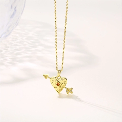 Herz Halskette Cupido Pfeil Anhänger Edelstahl Roter Zirkon Schlüsselbeinkette Verguld Schmuck Frauen Romantisch