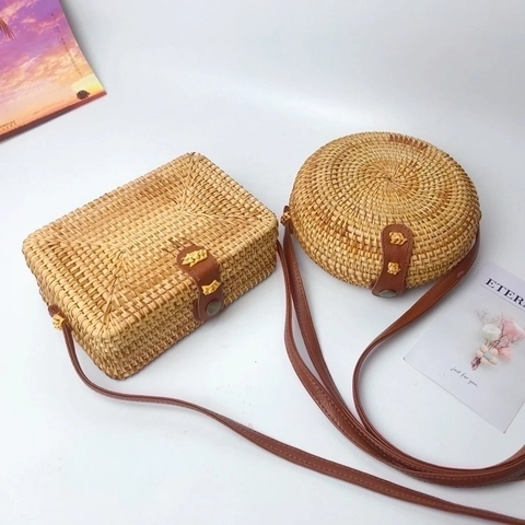 Handcrafted Rattan Woven Shoulder Bag Retro Straw Crossbody Handbag With Leather Strap For Women Summer Beach Vacation