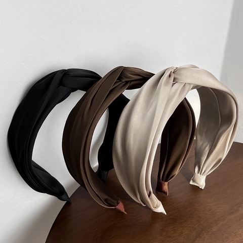 Elegant Satin Twisted Cross Headband For Women French Retro Style Solid Color Wide Hair Hoop Accessories