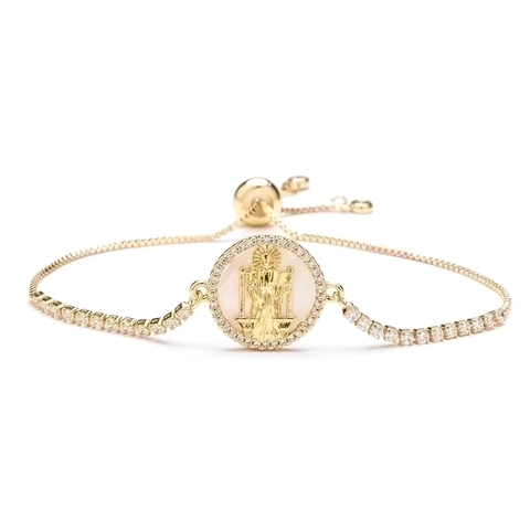 Religious Virgin Mary Adjustable Slider Bracelet Copper Zircon Mother Of Artificial Pearl Micro-pave Fashion Jewelry For Women