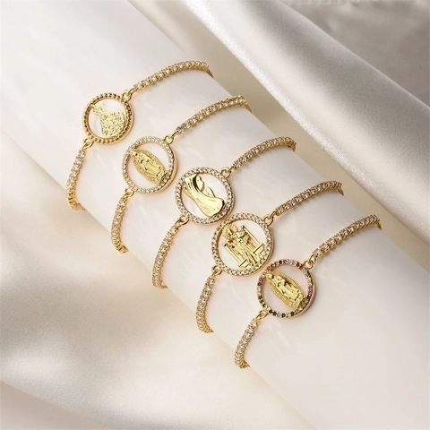 Religious Virgin Mary Adjustable Slider Bracelet Copper Zircon Mother Of Artificial Pearl Micro-pave Fashion Jewelry For Women
