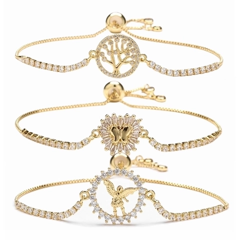 Vergoldetes Kupfer Zirkon Verstellbares Armband Lebensbaum Schmetterling Engel Mom Family Charm Schmuck Geschenk Für Damen
