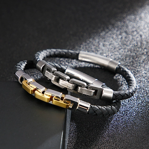 Pulsera De Hombre De Cuero Trenzado Con Eslabones Geométricos De Acero Inoxidable 316 Cierre Magnético Joyería