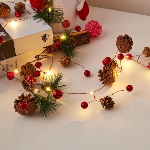 Weihnachts LED Lichterkette Kiefernzapfen Rote Beere Kiefernnadel Kupferdraht Fee Lichter Für Urlaub Party Haus Deko