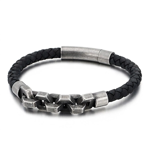 Bracciale Da Uomo In Pelle Intrecciata Con Catena In Acciaio Inossidabile Stile Retro Punk Polsino Moda Urbana Accessorio Casual