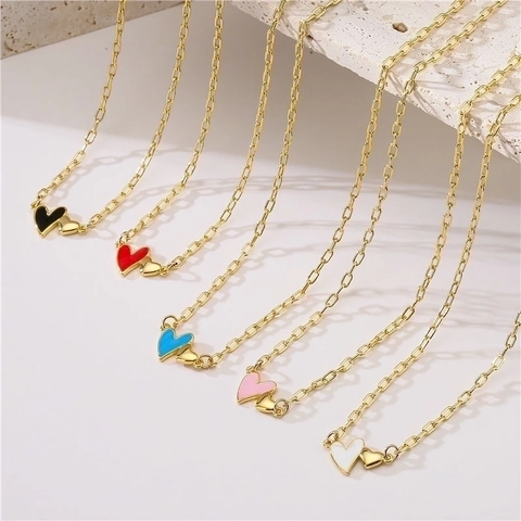 Collier Pendentif En Forme De Cœur Cuivre Émail Coloré Chaîne Trombone Style INS Doux Bijoux Pour Femmes